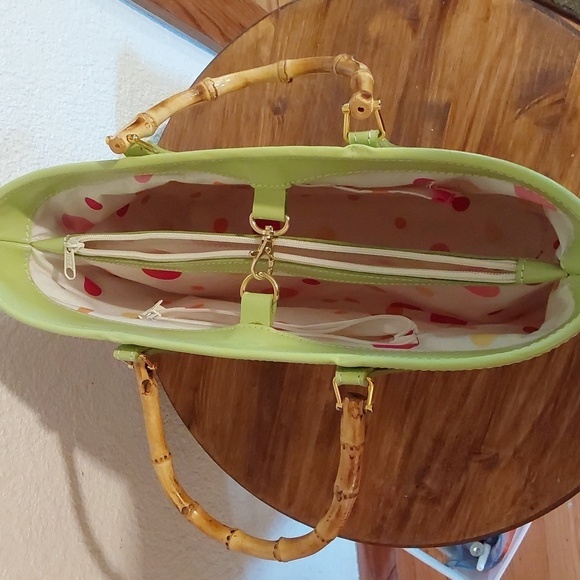 Green & Rattan Straw TOTE bag Bamboo Handles Polka-dot interior Medium Size - Picture 4 of 8
